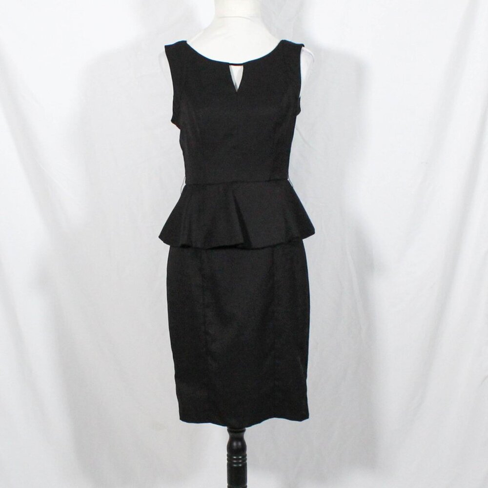 Vintage Y2K XOXO Black Peplum Pencil Dress Keyhole Neck Size 7/8 Corporate Goth